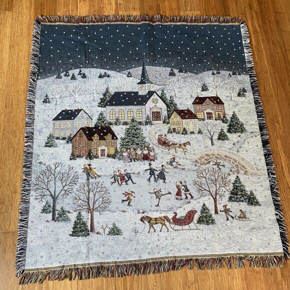 Mohawk Throw Blanket Tapestry Winter Scene Snow Fringe Christmas Holiday 56x51 - Picture 1 of 11